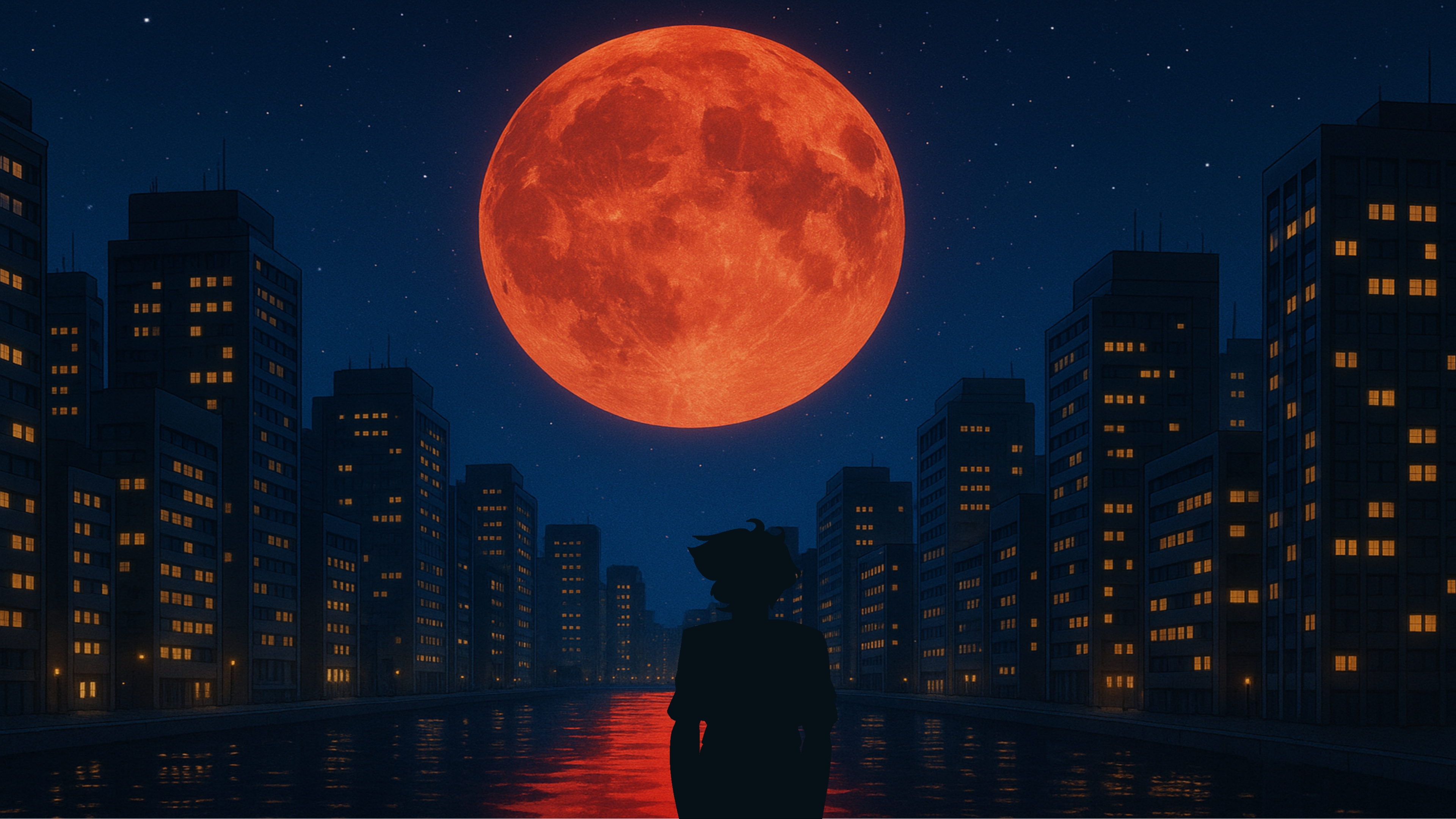 Large red moon over a dark horizon