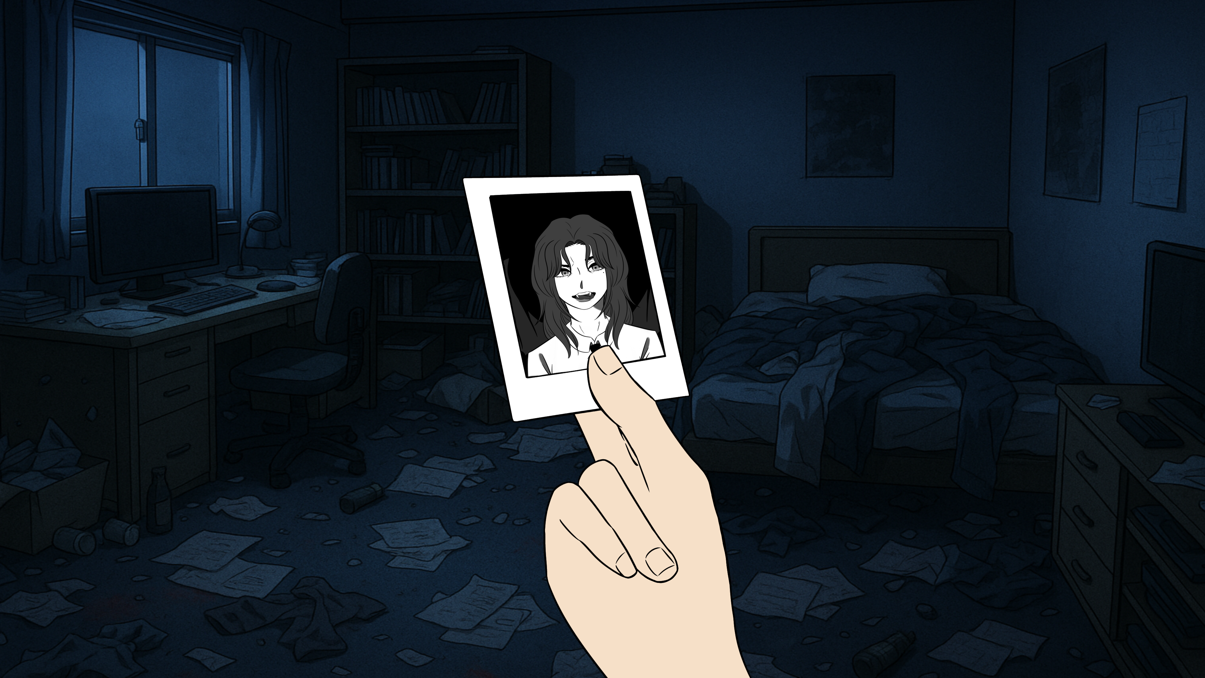 The same landscape at night, drenched in red