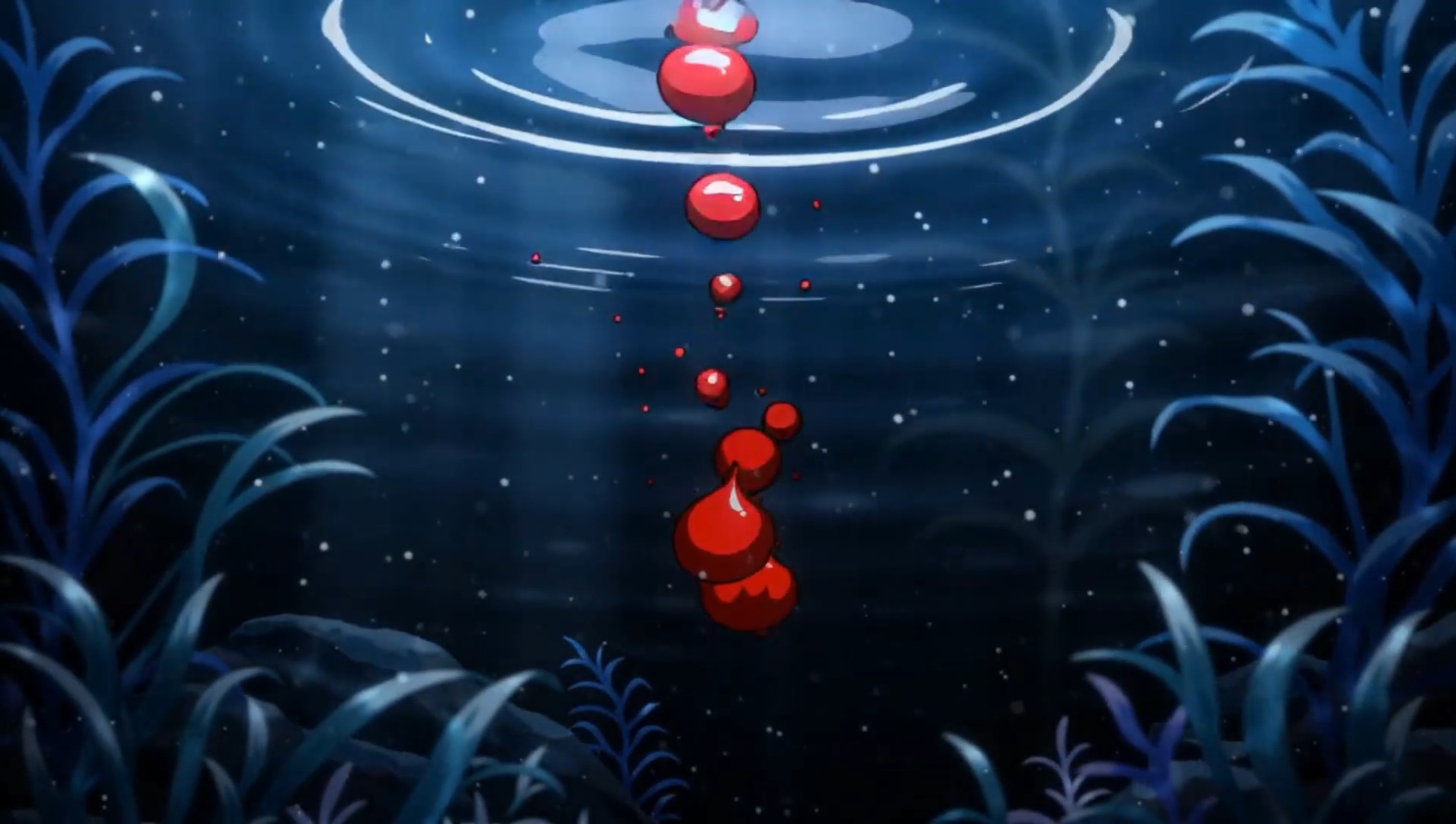 Red swirling bloom in clear water